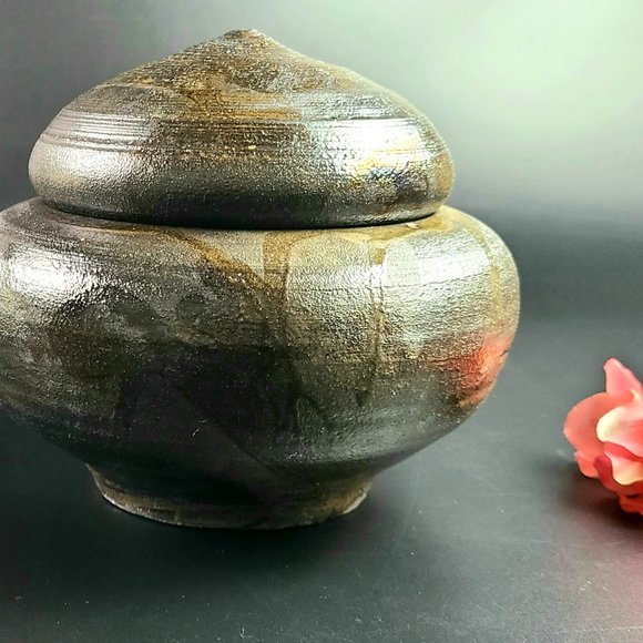 Vintage -Hand-Crafted - Stoneware Jar/ Bowl with Lid -Artist Signed- Dark Brown